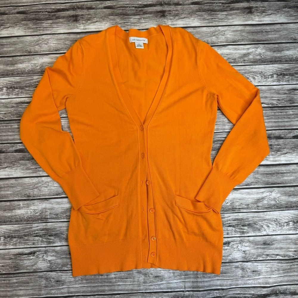 Liz Claiborne Women Long Cardigan Small Golden Orange Button Front Tunic Sweater - Picture 11 of 12